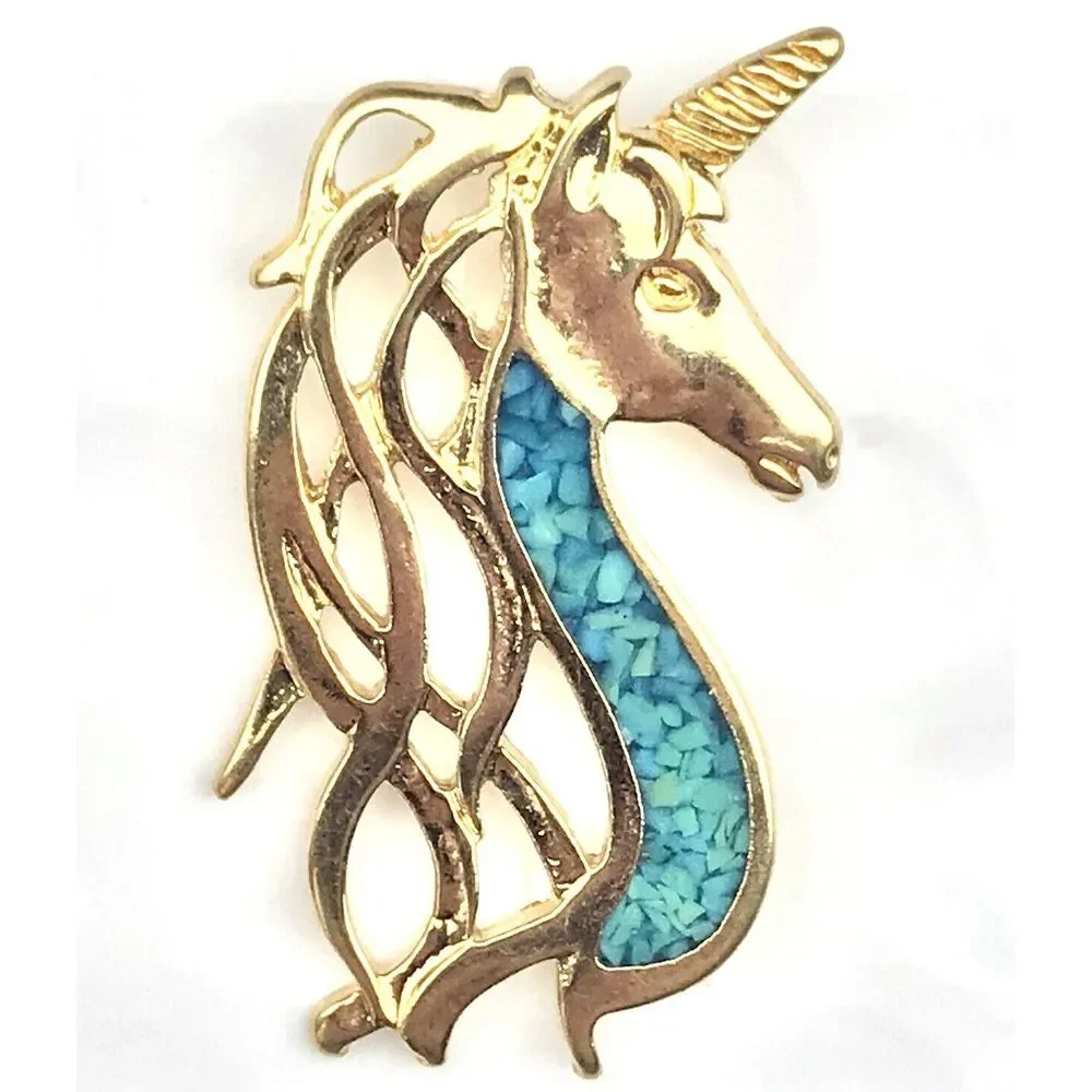 Unicorn Pin Brooch Gold Tone Turquoise Whimsical Fantasy